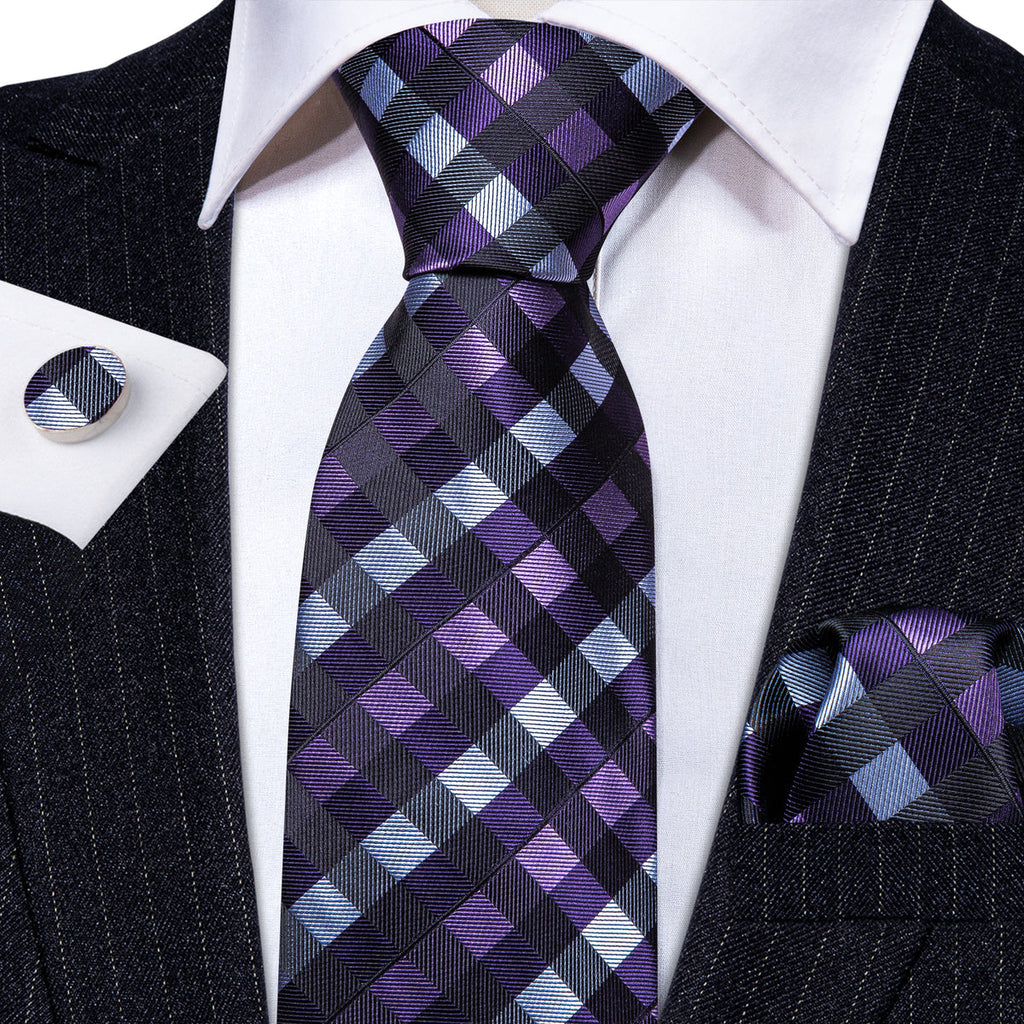 Black Purple Plaid Silk Tie Set - GentCrest - View 2