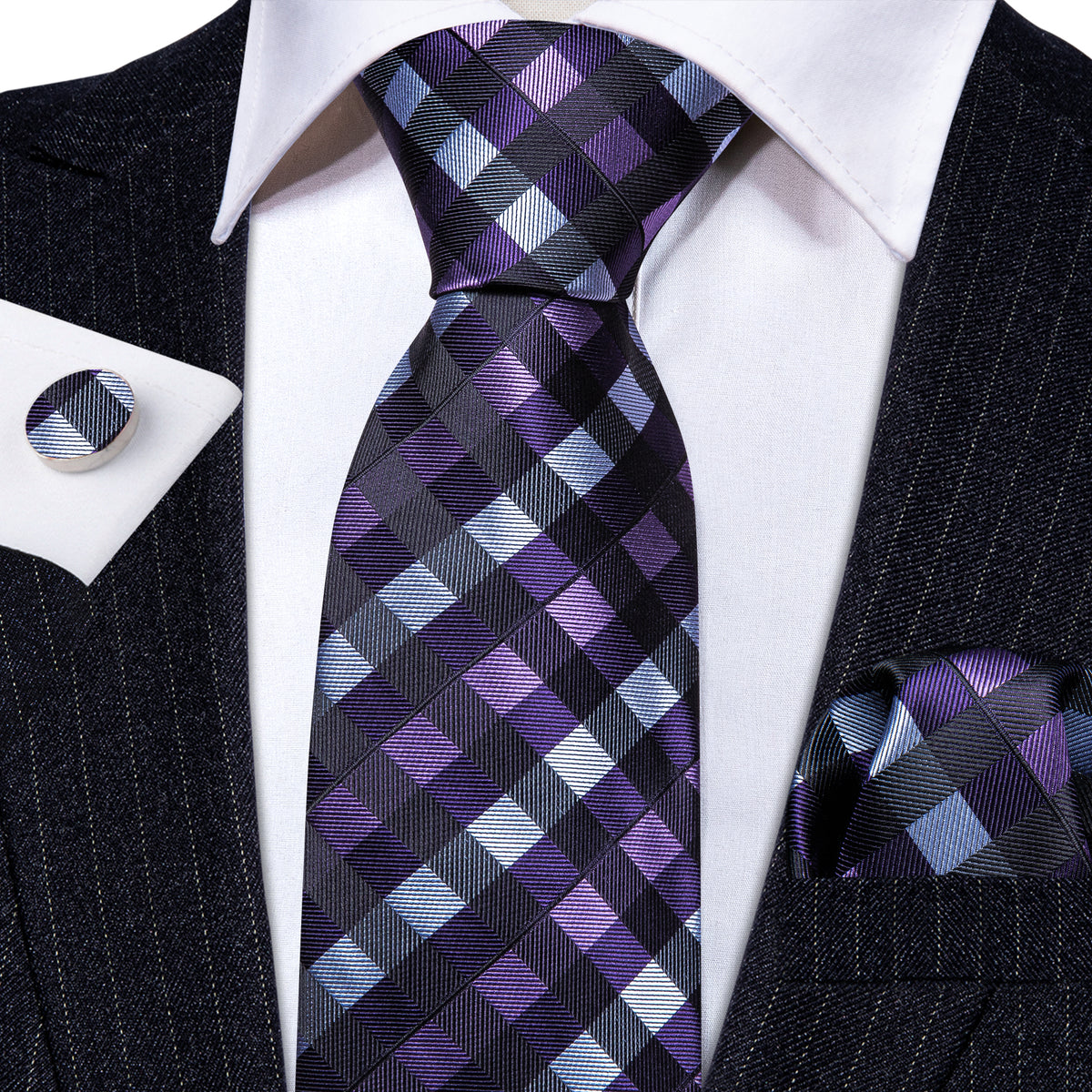 Black Purple Plaid Silk Tie Set - GentCrest - View 2