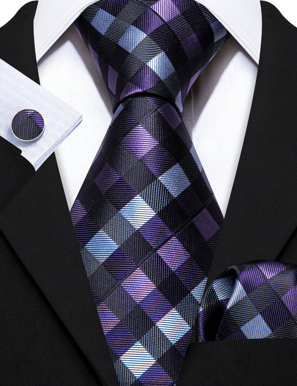 Black Purple Plaid Silk Tie Set - GentCrest - View 4