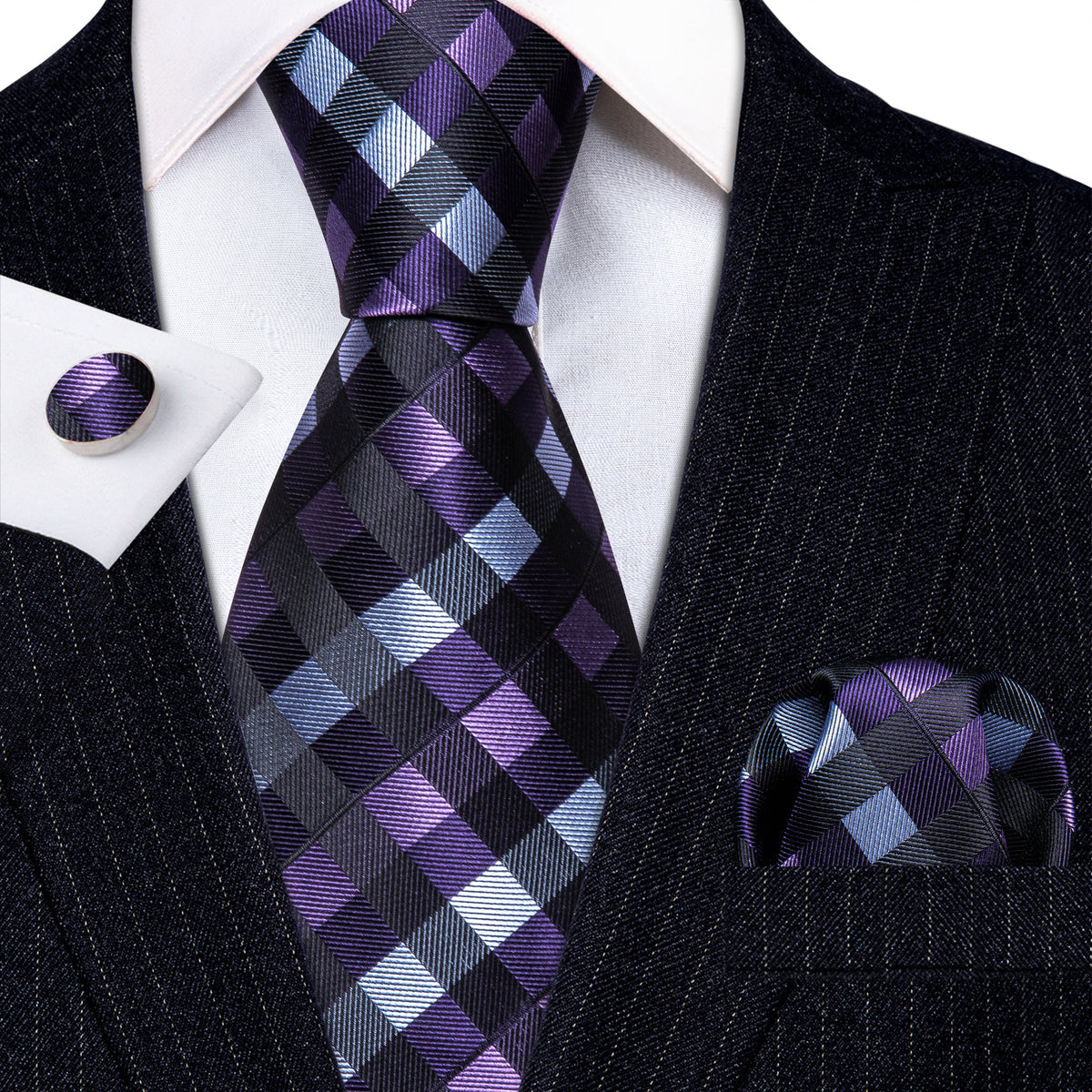 Black Purple Plaid Silk Tie Set - GentCrest - View 3
