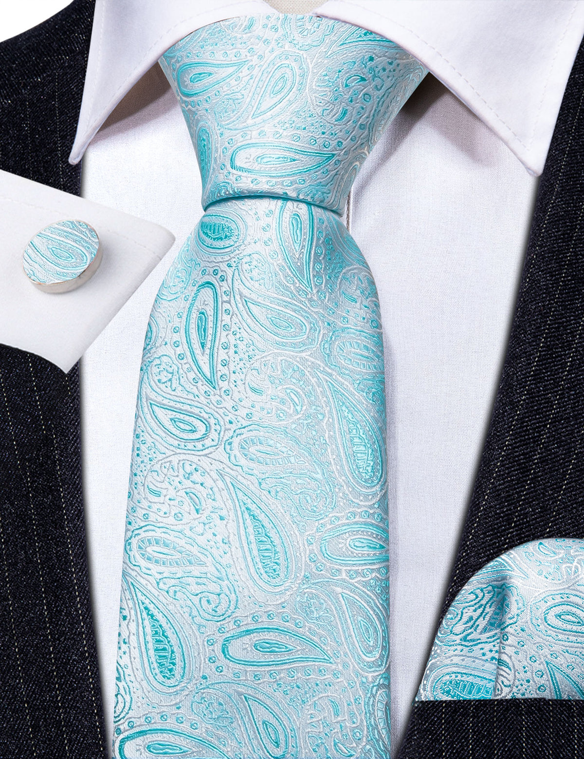 Sky Blue Paisley Silk Men's Silk Tie Set - GentCrest - View 4