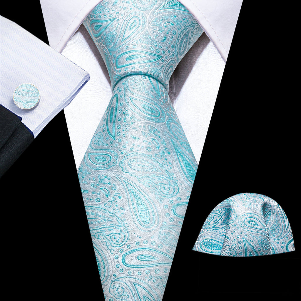 Sky Blue Paisley Silk Men's Silk Tie Set - GentCrest