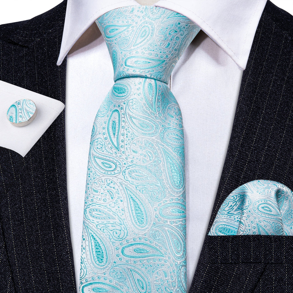 Sky Blue Paisley Silk Men's Silk Tie Set - GentCrest - View 2