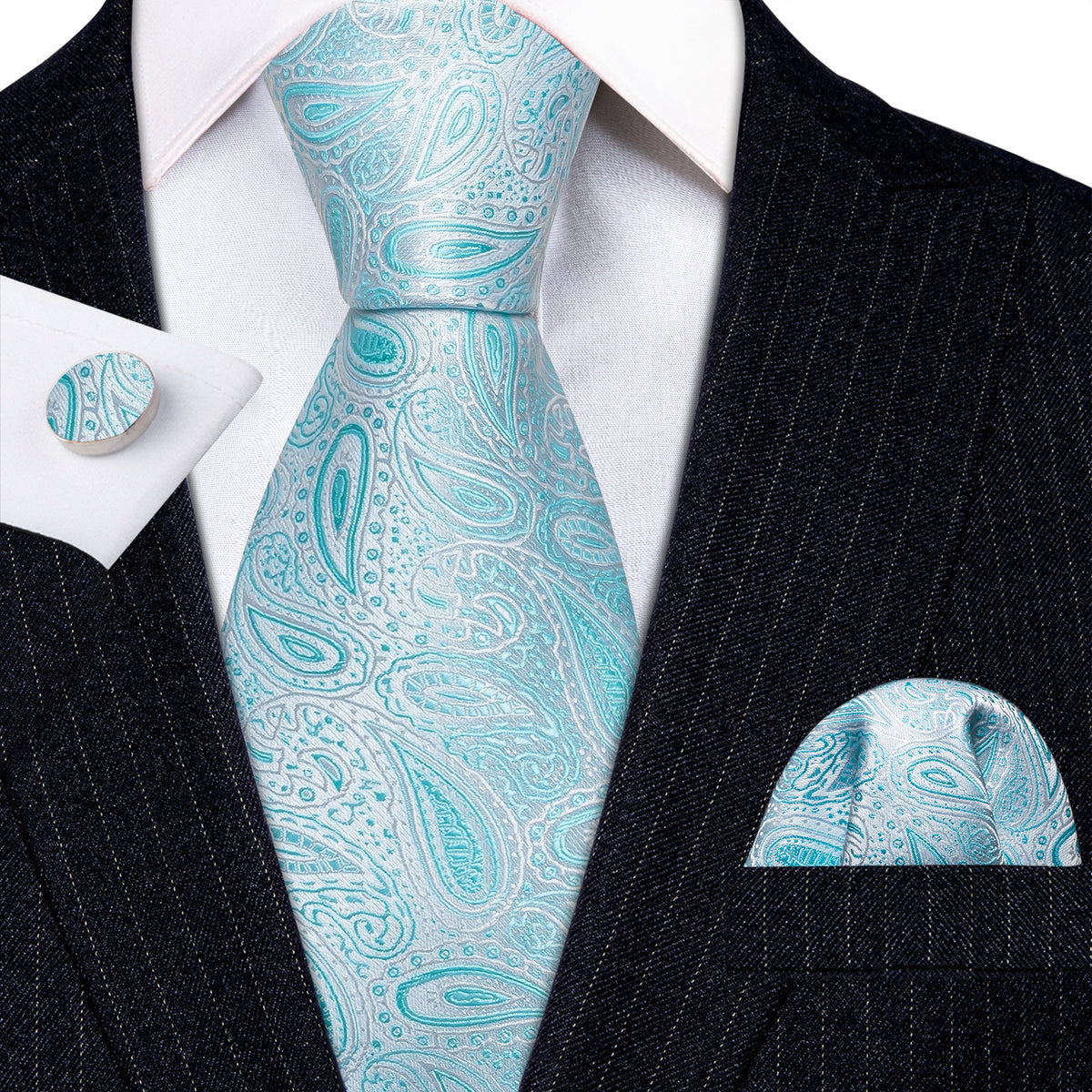 Sky Blue Paisley Silk Men's Silk Tie Set - GentCrest - View 3