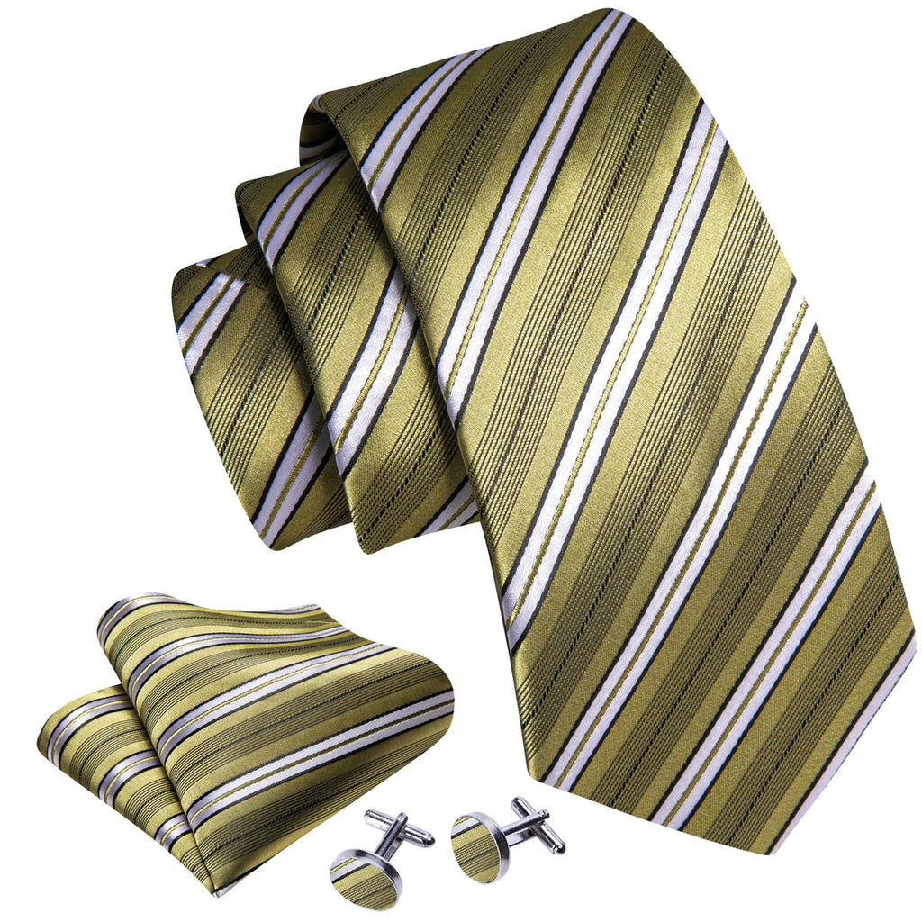 LemonChiffon Yellow White Striped Silk Tie Set - GentCrest - View 6