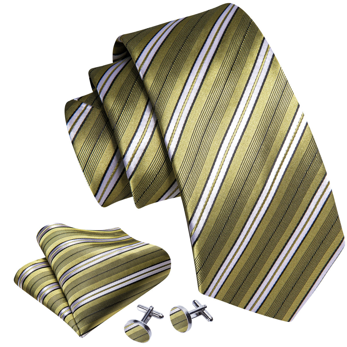 LemonChiffon Yellow White Striped Silk Tie Set - GentCrest - View 6