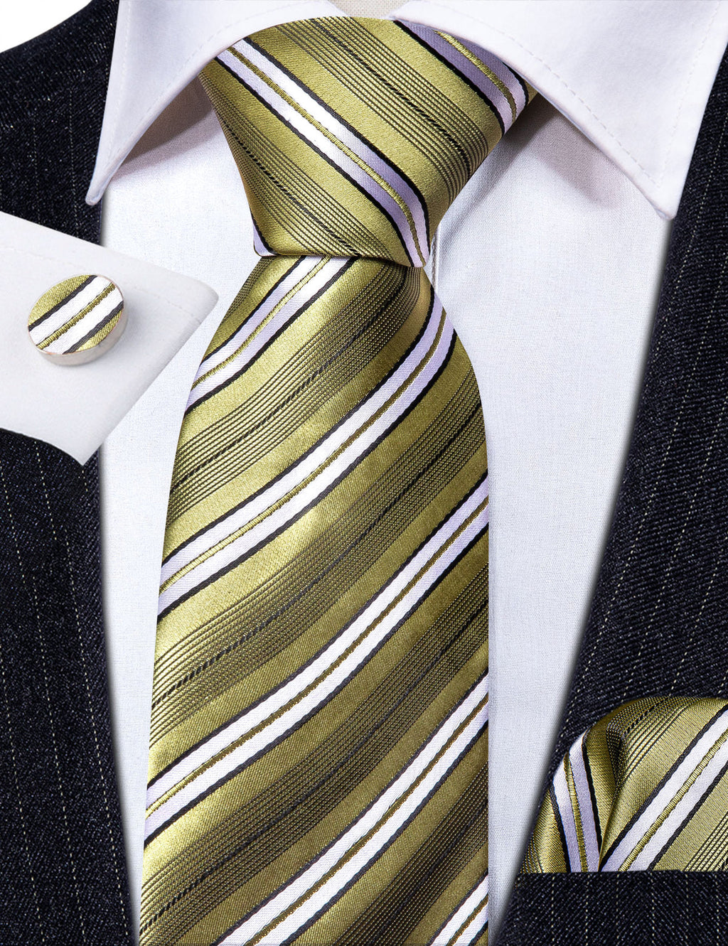LemonChiffon Yellow White Striped Silk Tie Set - GentCrest - View 4