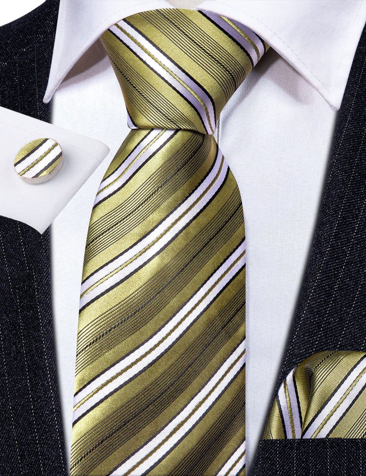 LemonChiffon Yellow White Striped Silk Tie Set - GentCrest - View 4