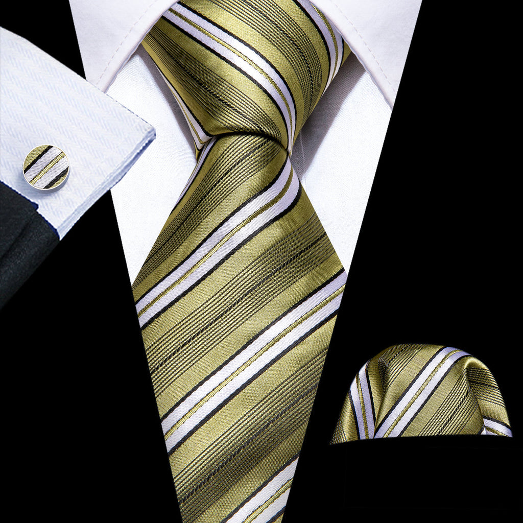 LemonChiffon Yellow White Striped Silk Tie Set - GentCrest