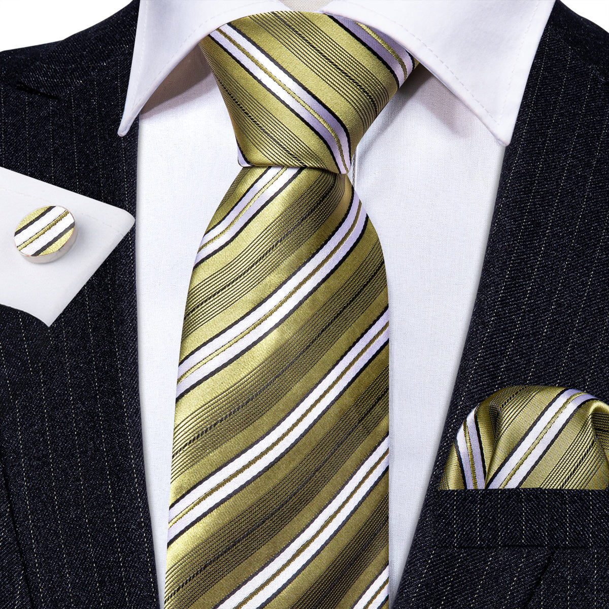 LemonChiffon Yellow White Striped Silk Tie Set - GentCrest - View 3
