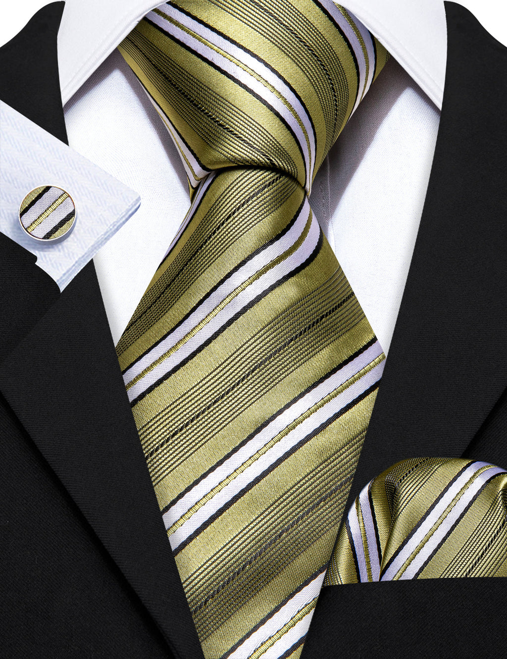 LemonChiffon Yellow White Striped Silk Tie Set - GentCrest - View 5