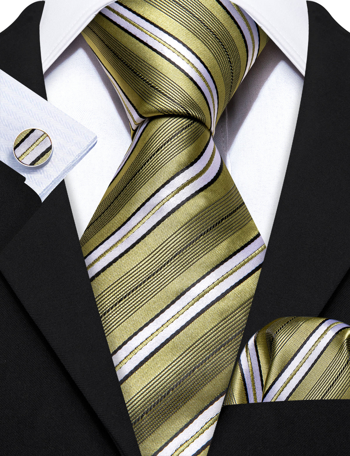 LemonChiffon Yellow White Striped Silk Tie Set - GentCrest - View 5