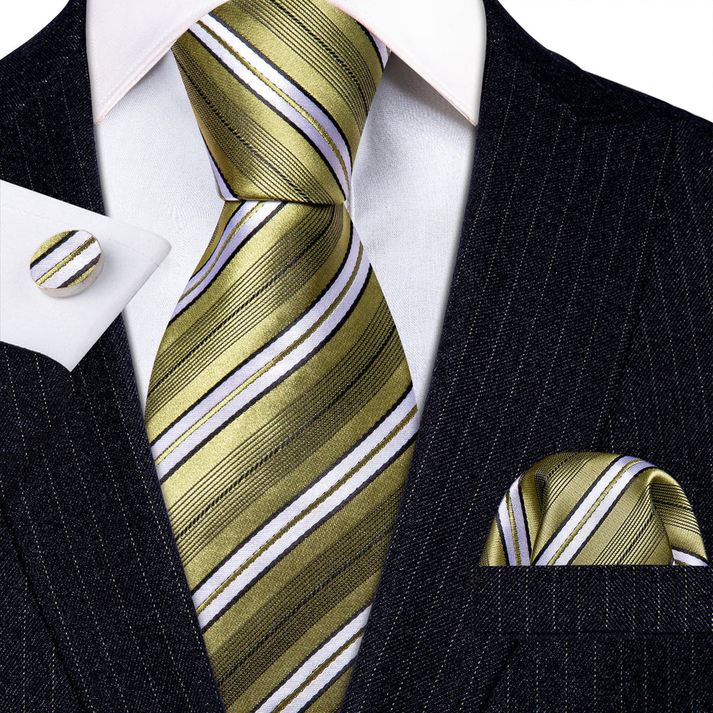 LemonChiffon Yellow White Striped Silk Tie Set - GentCrest - View 2