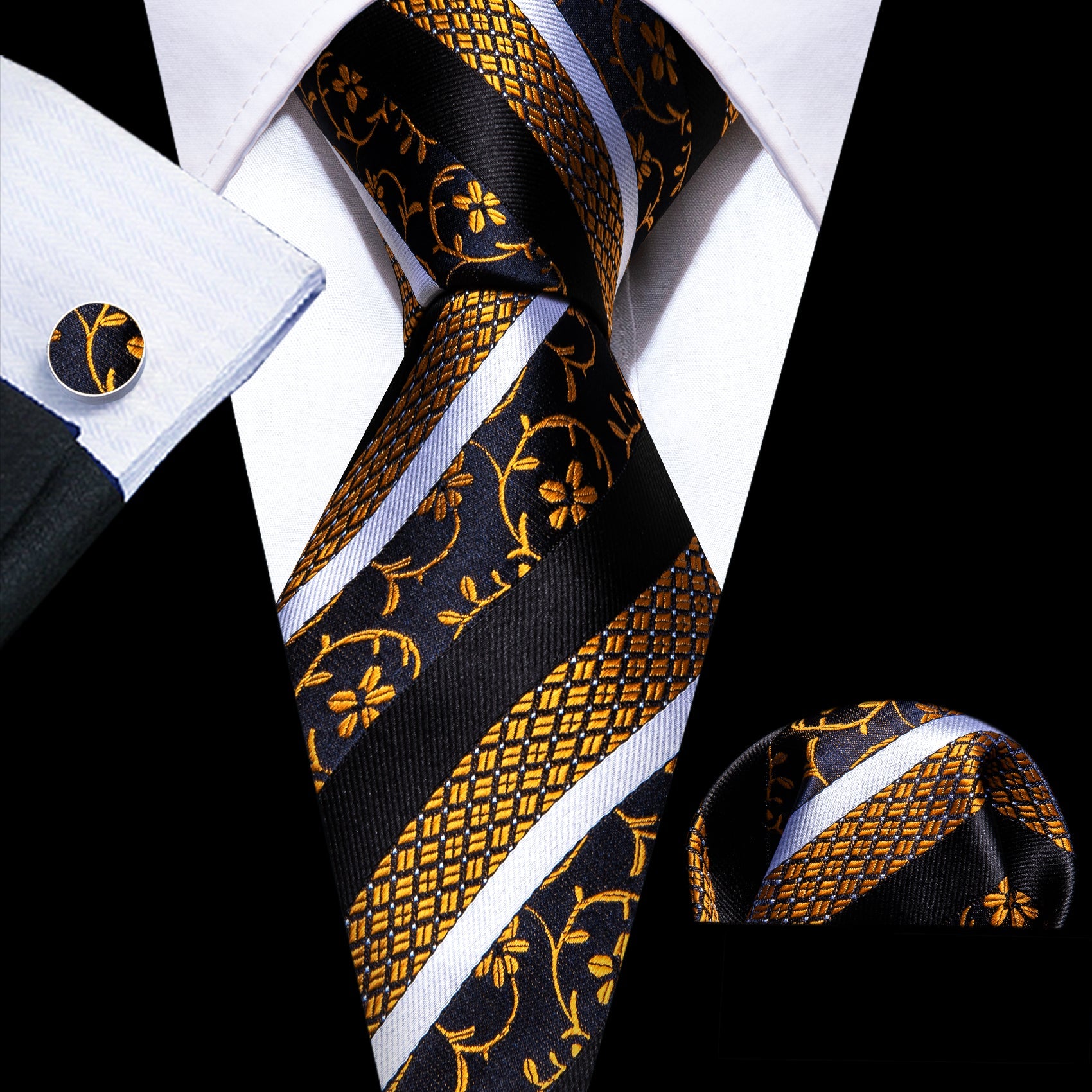 GentCrest Black Striped Tie Hanky Cufflinks Set - Image 1