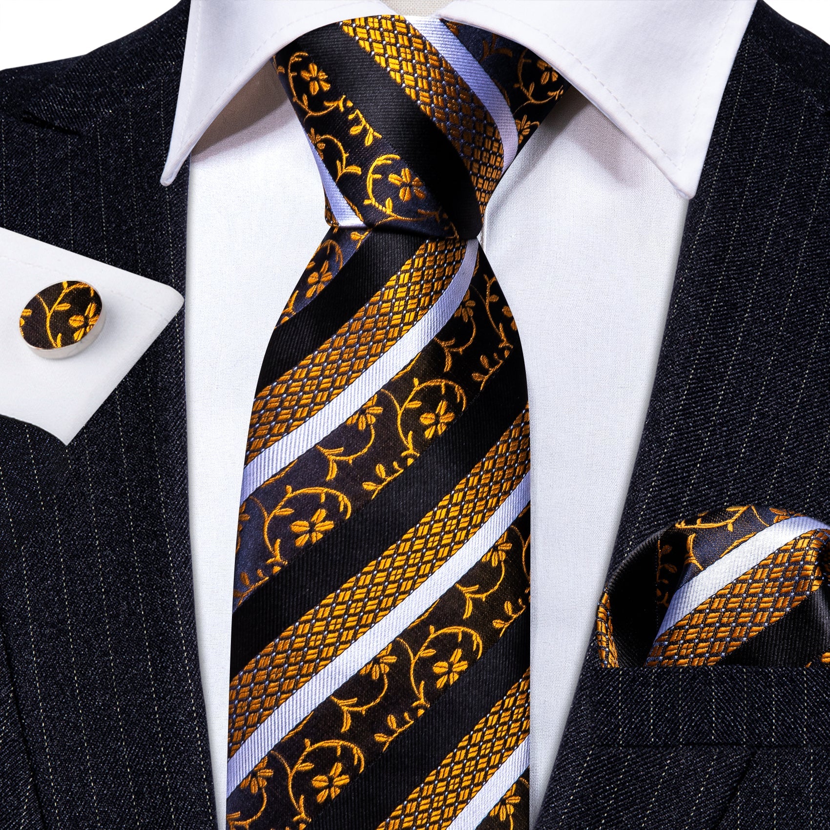 GentCrest Black Striped Tie Hanky Cufflinks Set - Image 2