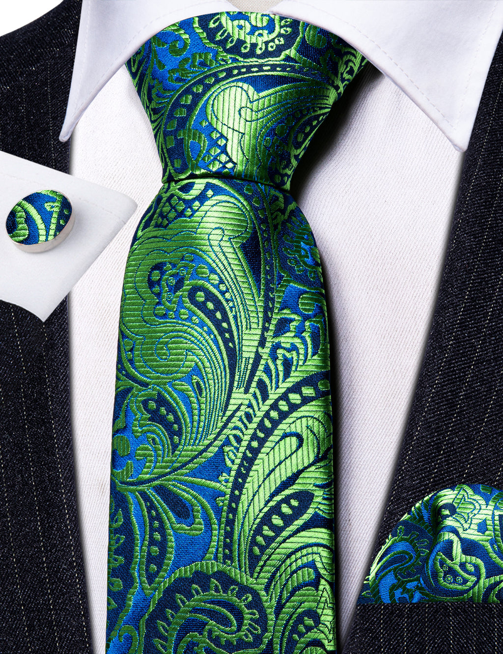 Green Blue Paisley Silk Tie Set - GentCrest - View 4