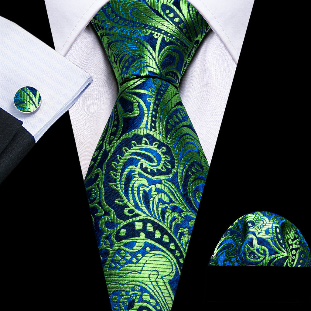 Green Blue Paisley Silk Tie Set - GentCrest