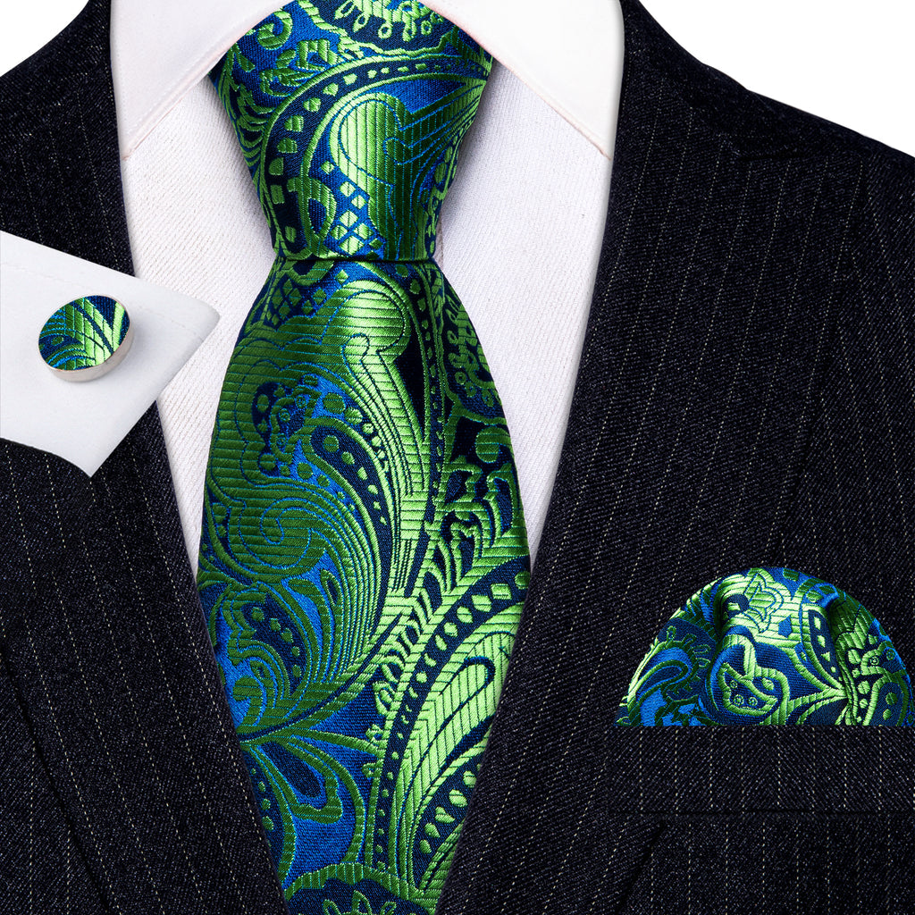 Green Blue Paisley Silk Tie Set - GentCrest - View 2
