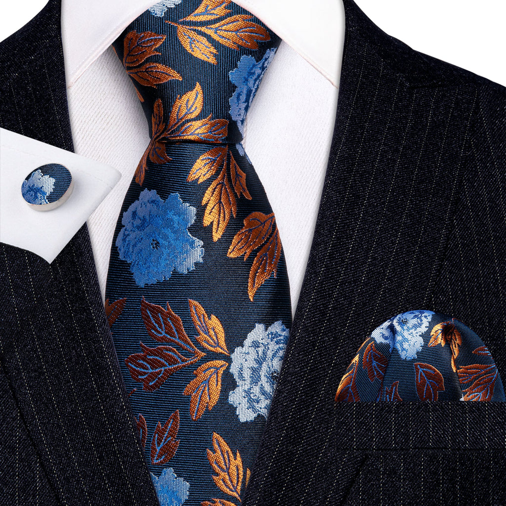 GentCrest Blue Floral Tie Hanky Cufflinks Set - Image 1