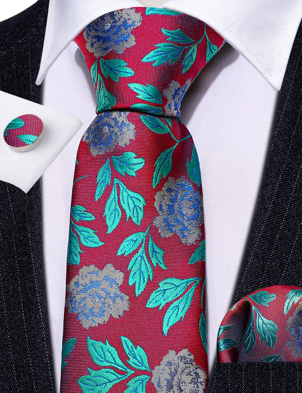 GentCrest Blue Floral Tie Hanky Cufflinks Set - Image 4