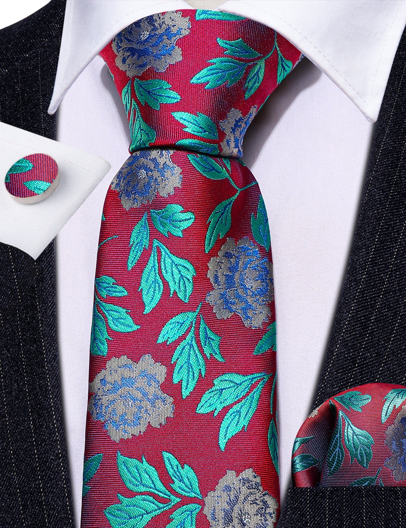 GentCrest Blue Floral Tie Hanky Cufflinks Set - Image 4