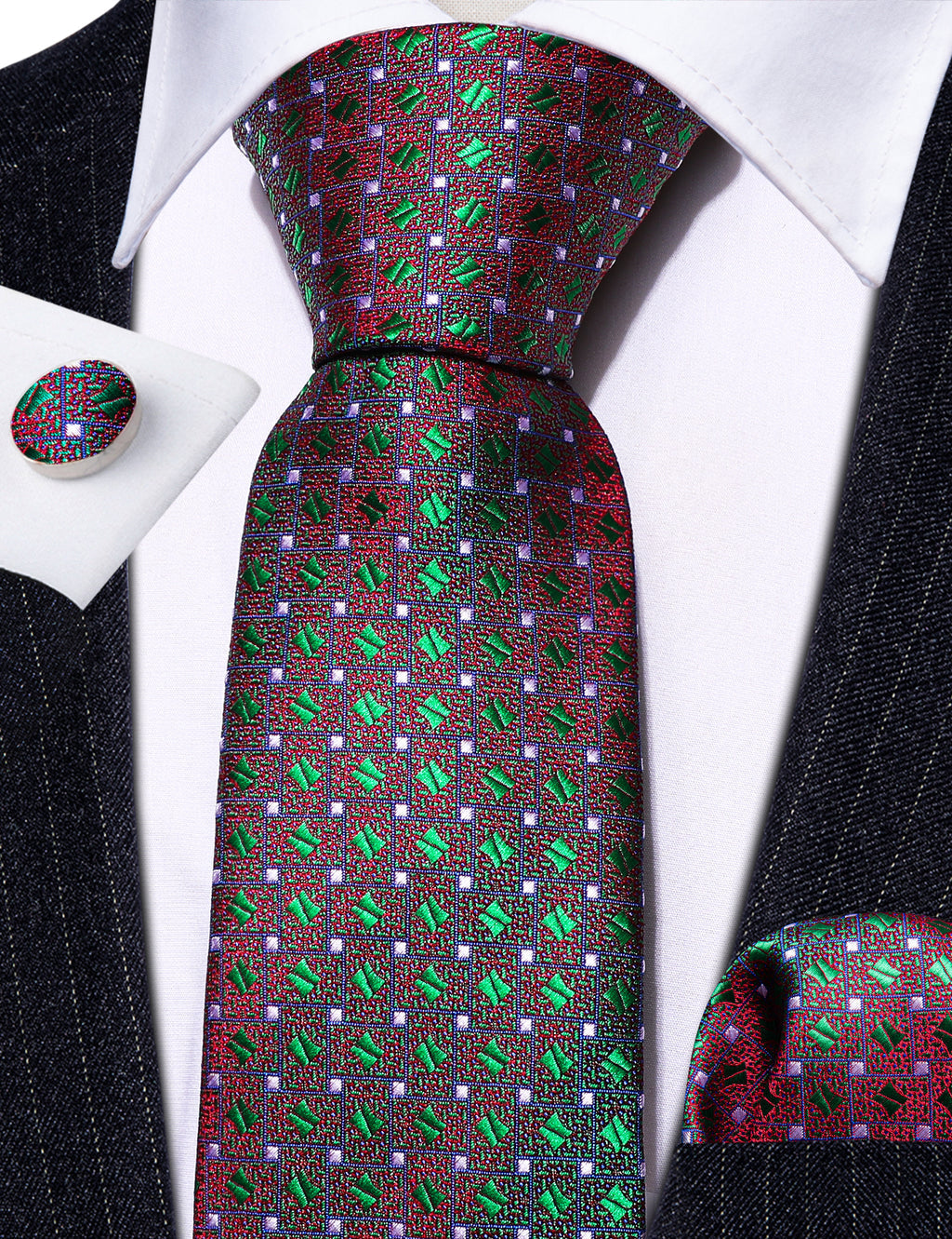 Green Red Novelty Floral Silk Tie Set - GentCrest - View 3