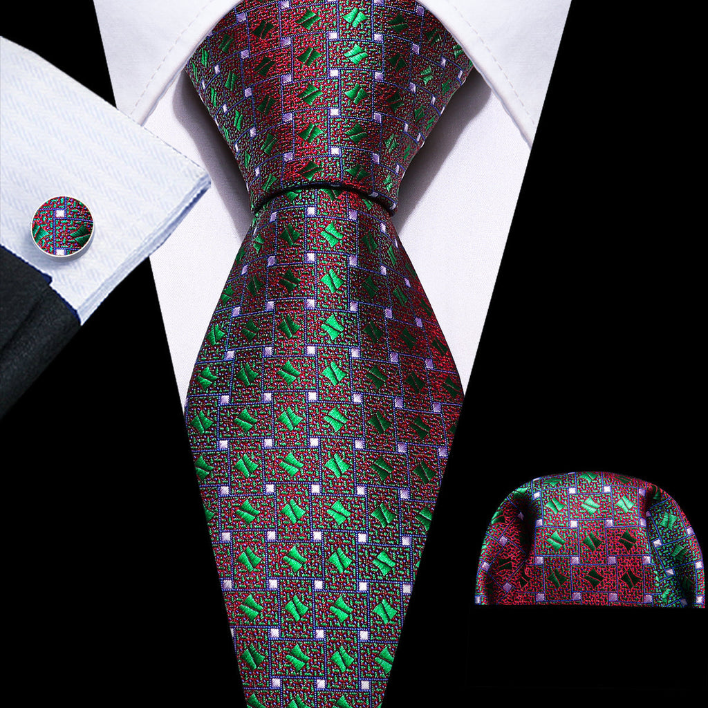 Green Red Novelty Floral Silk Tie Set - GentCrest