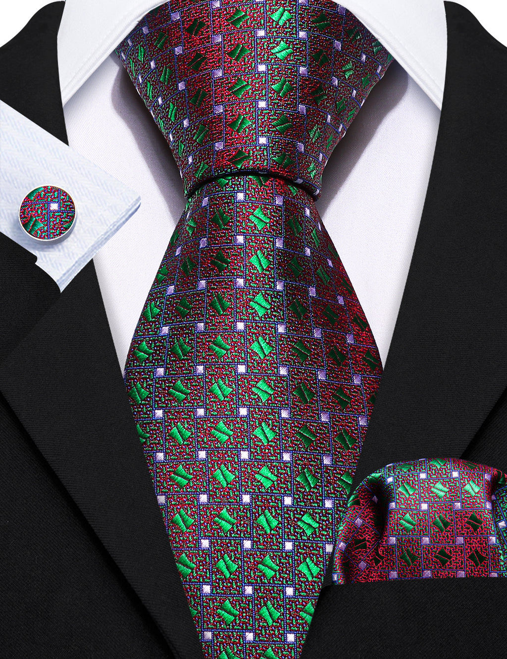 Green Red Novelty Floral Silk Tie Set - GentCrest - View 2