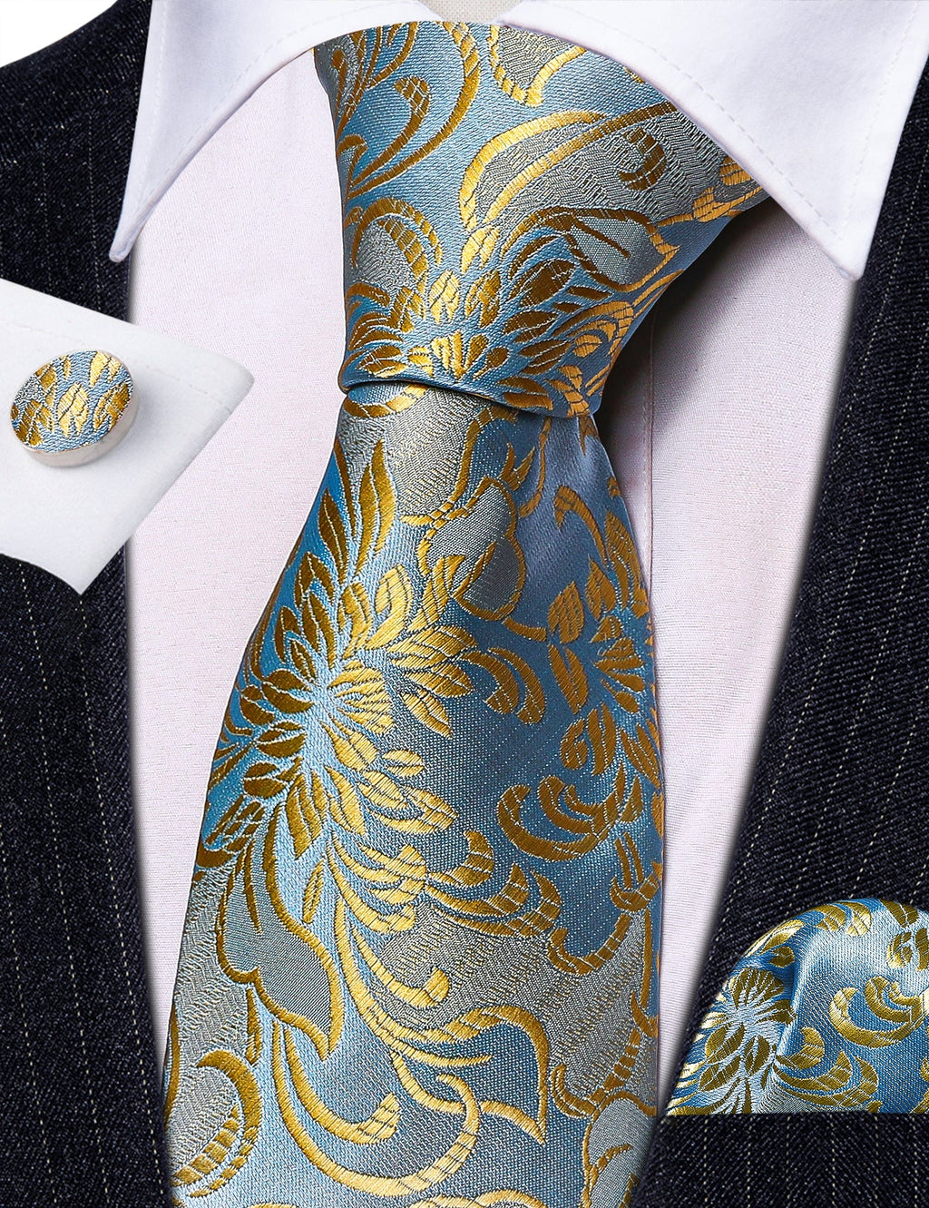 GentCrest Blue Floral Tie Hanky Cufflinks Set - Image 4