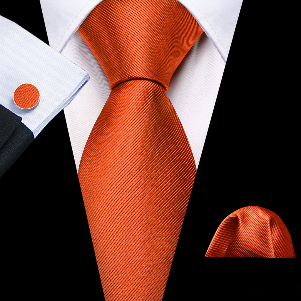 Dark Orange Solid Silk Tie Set - GentCrest