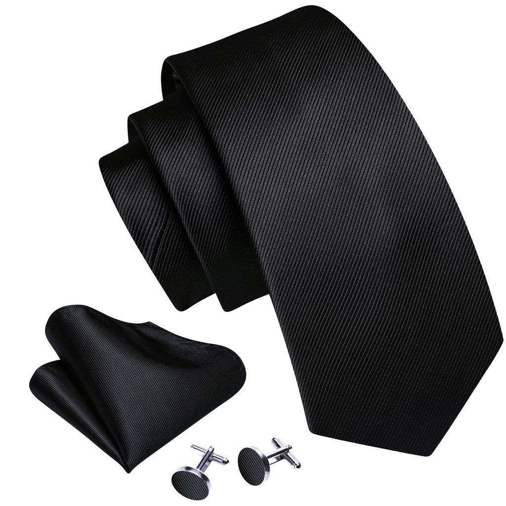 Black Solid Silk Tie Set - GentCrest - View 3