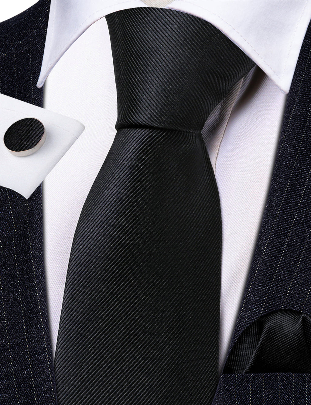 Black Solid Silk Tie Set - GentCrest - View 4