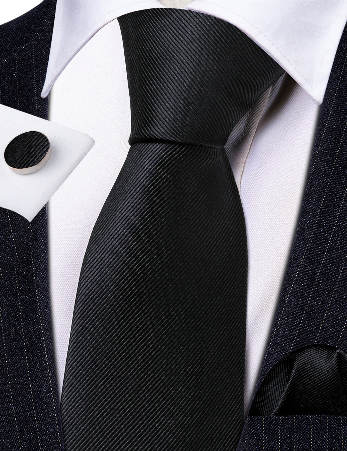 Black Solid Silk Tie Set - GentCrest - View 4