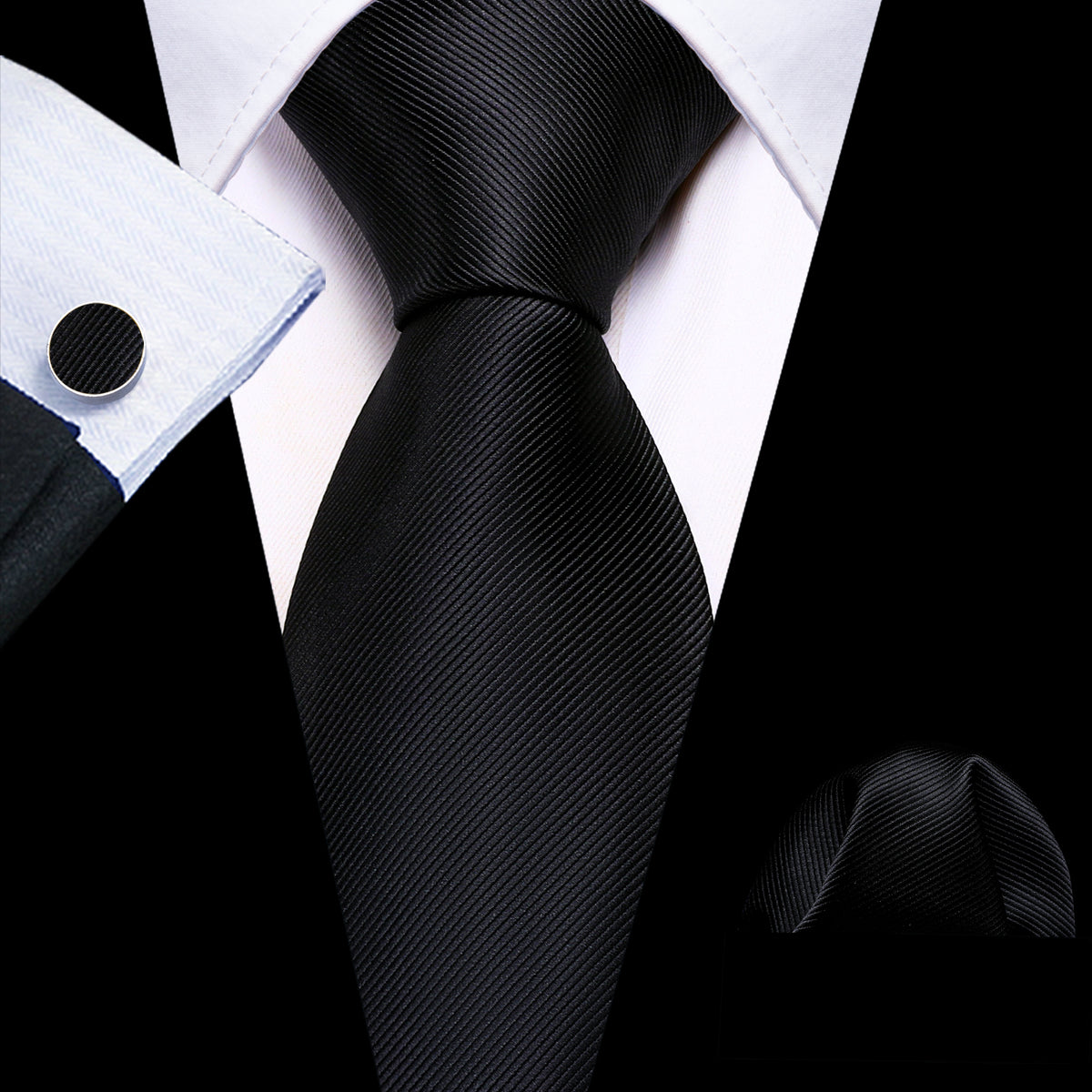 Black Solid Silk Tie Set - GentCrest