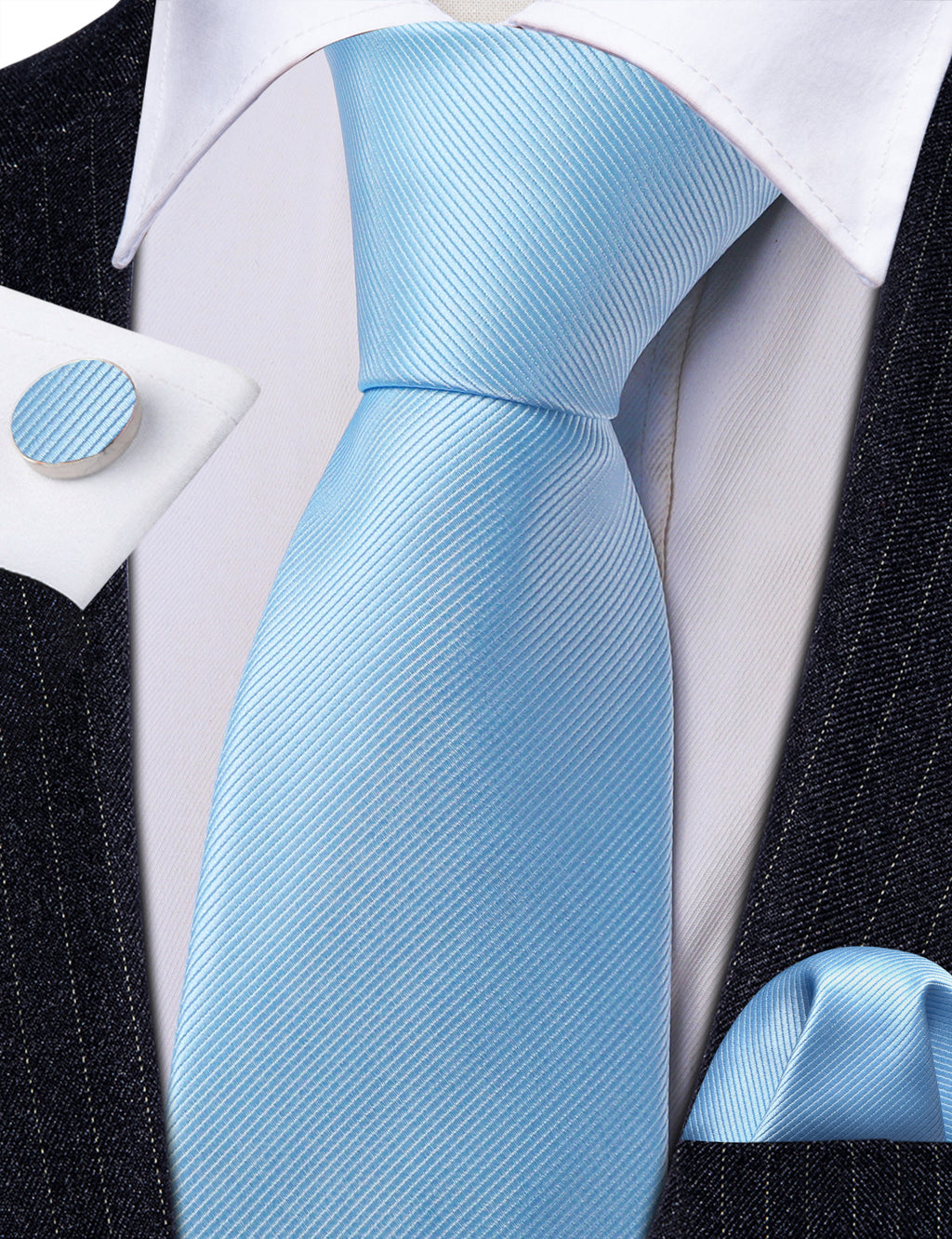 Pale Blue Solid Silk Tie Set - GentCrest - View 3