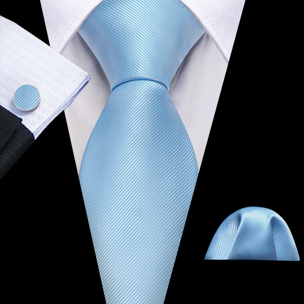 Pale Blue Solid Silk Tie Set - GentCrest