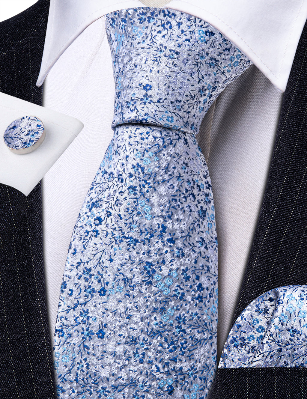 Light Blue Floral Silk Tie Set - GentCrest - View 6