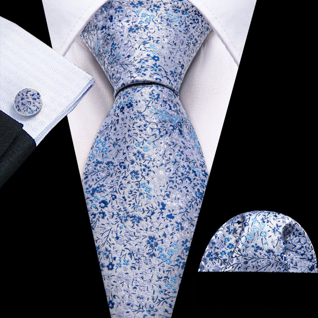 Light Blue Floral Silk Tie Set - GentCrest