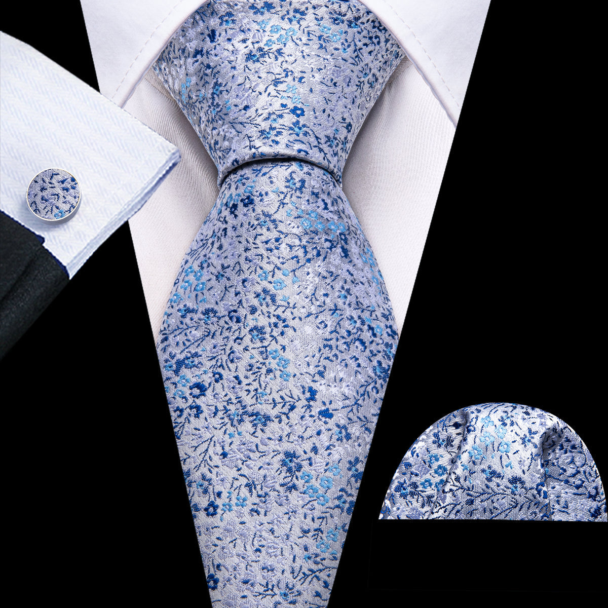 Light Blue Floral Silk Tie Set - GentCrest