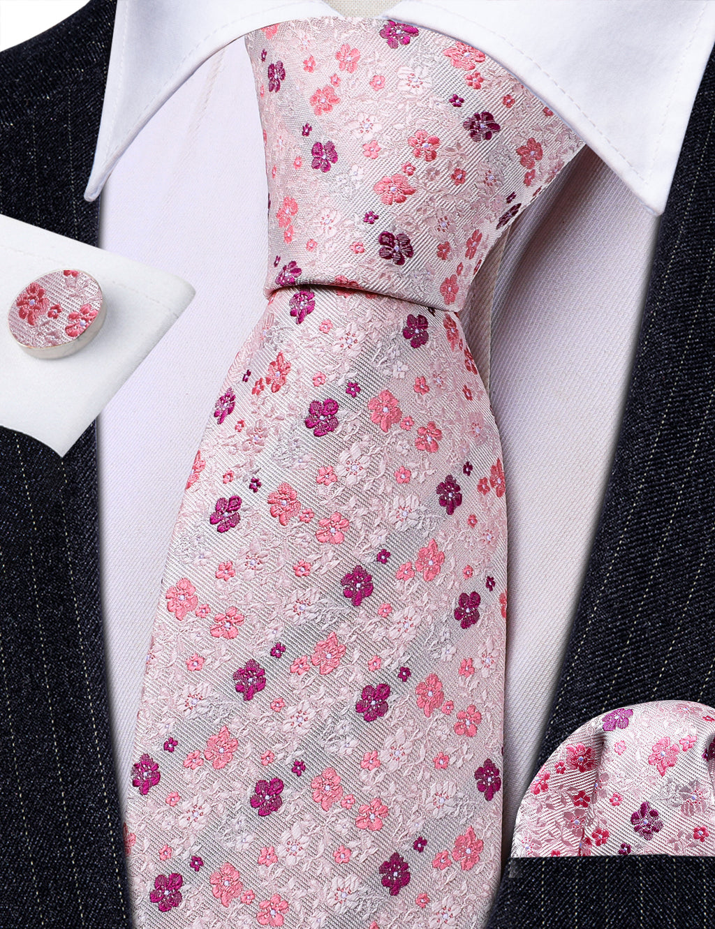Light Pink Flower Print Silk Tie Set - GentCrest - View 5