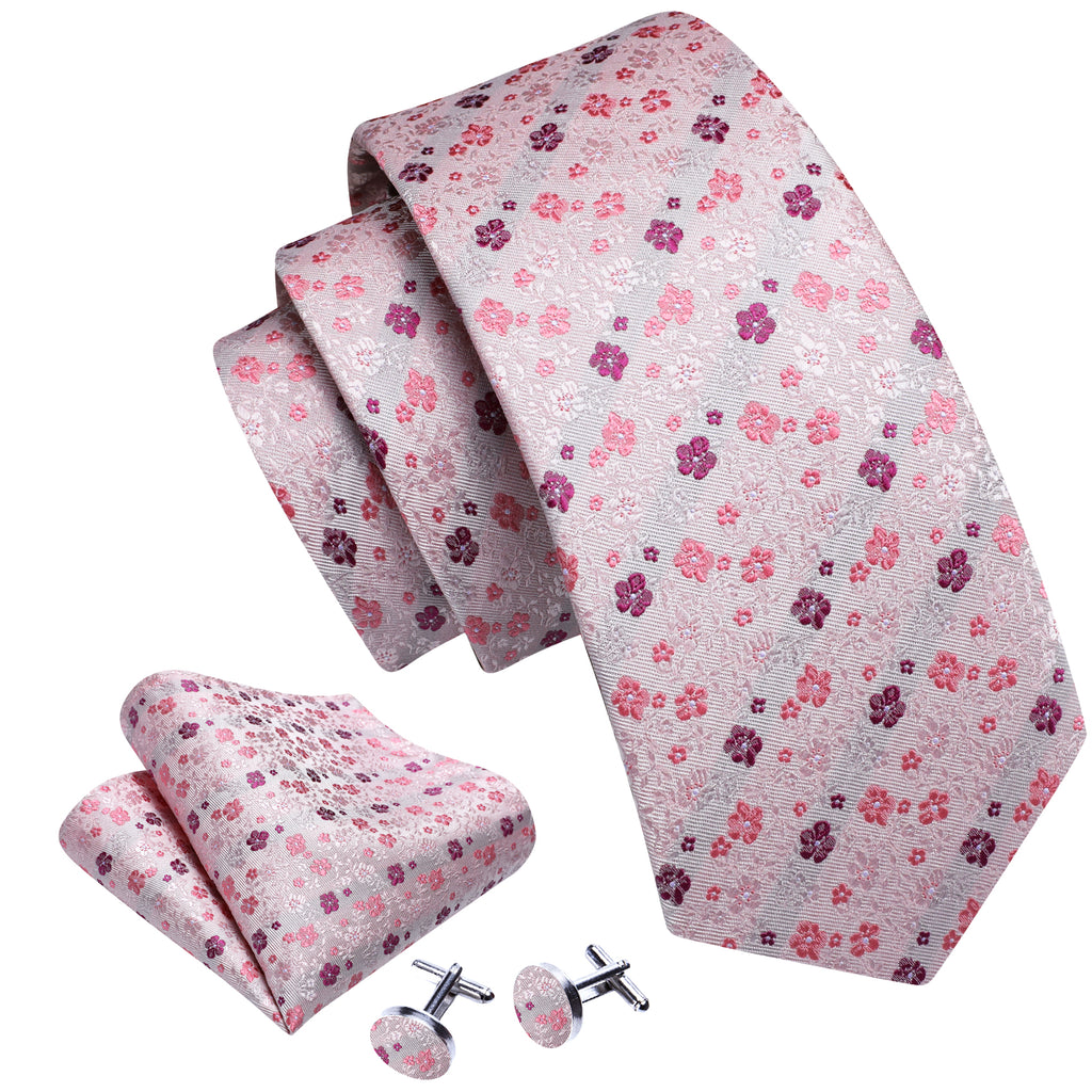 Light Pink Flower Print Silk Tie Set - GentCrest - View 3