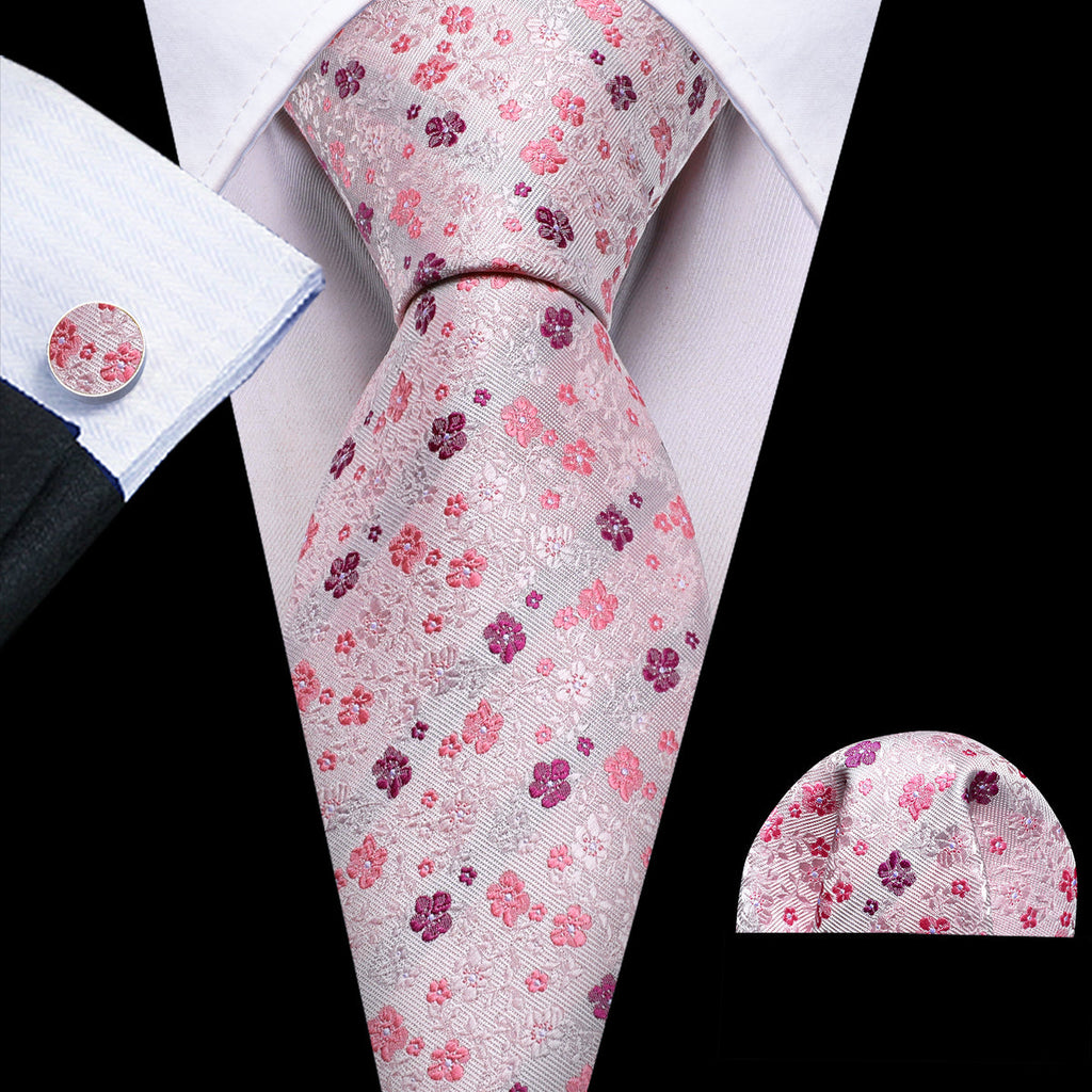 Light Pink Flower Print Silk Tie Set - GentCrest