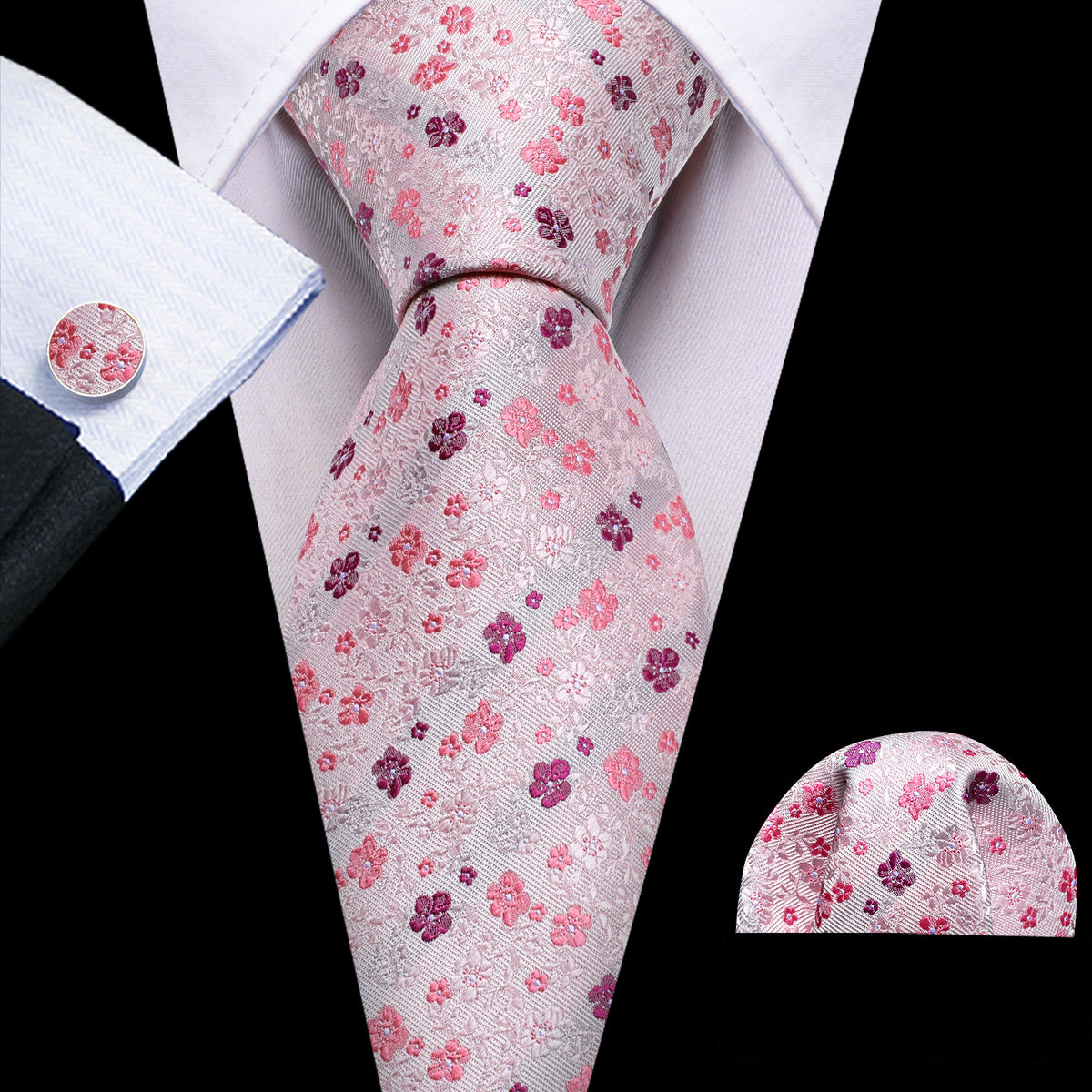 Light Pink Flower Print Silk Tie Set - GentCrest