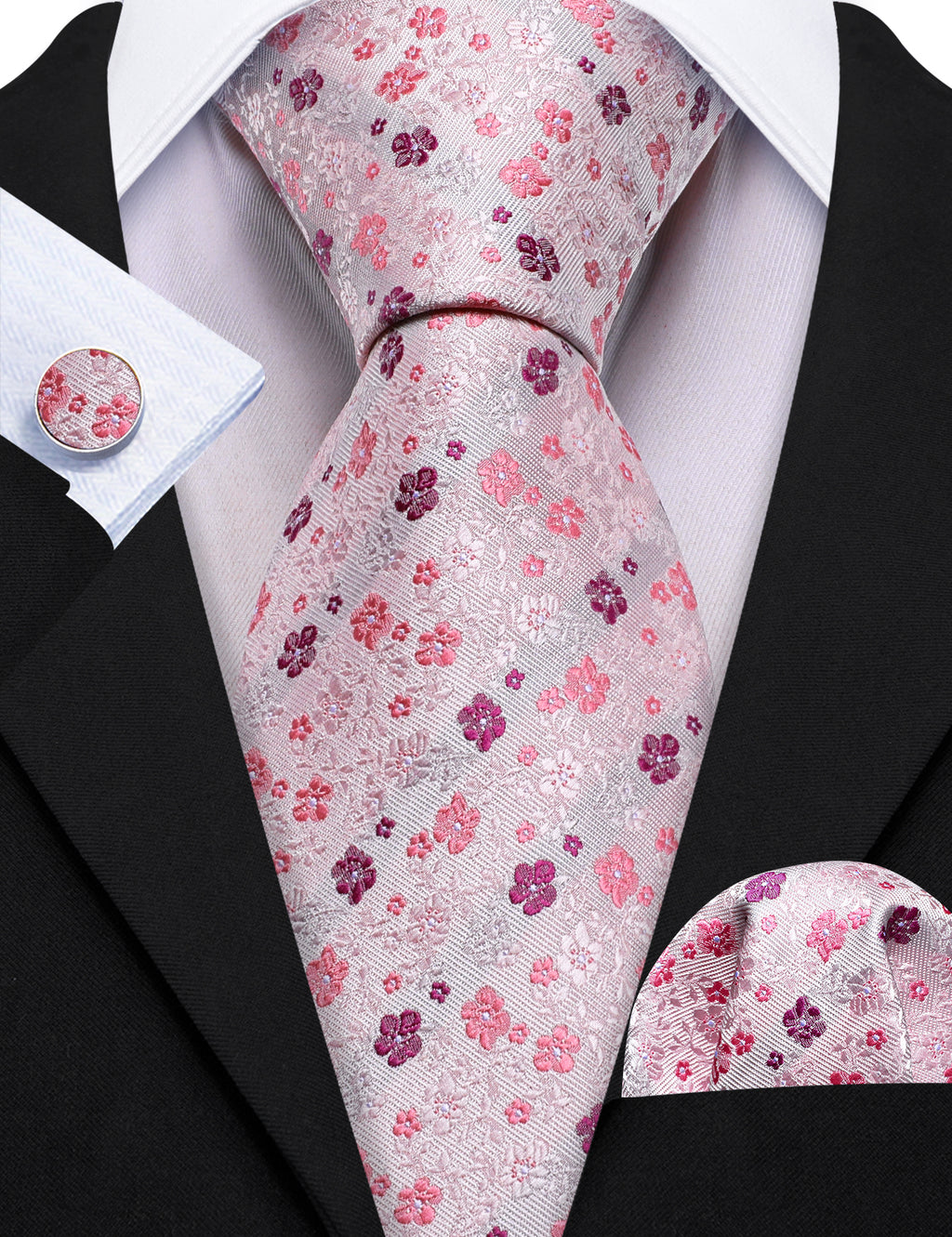 Light Pink Flower Print Silk Tie Set - GentCrest - View 4