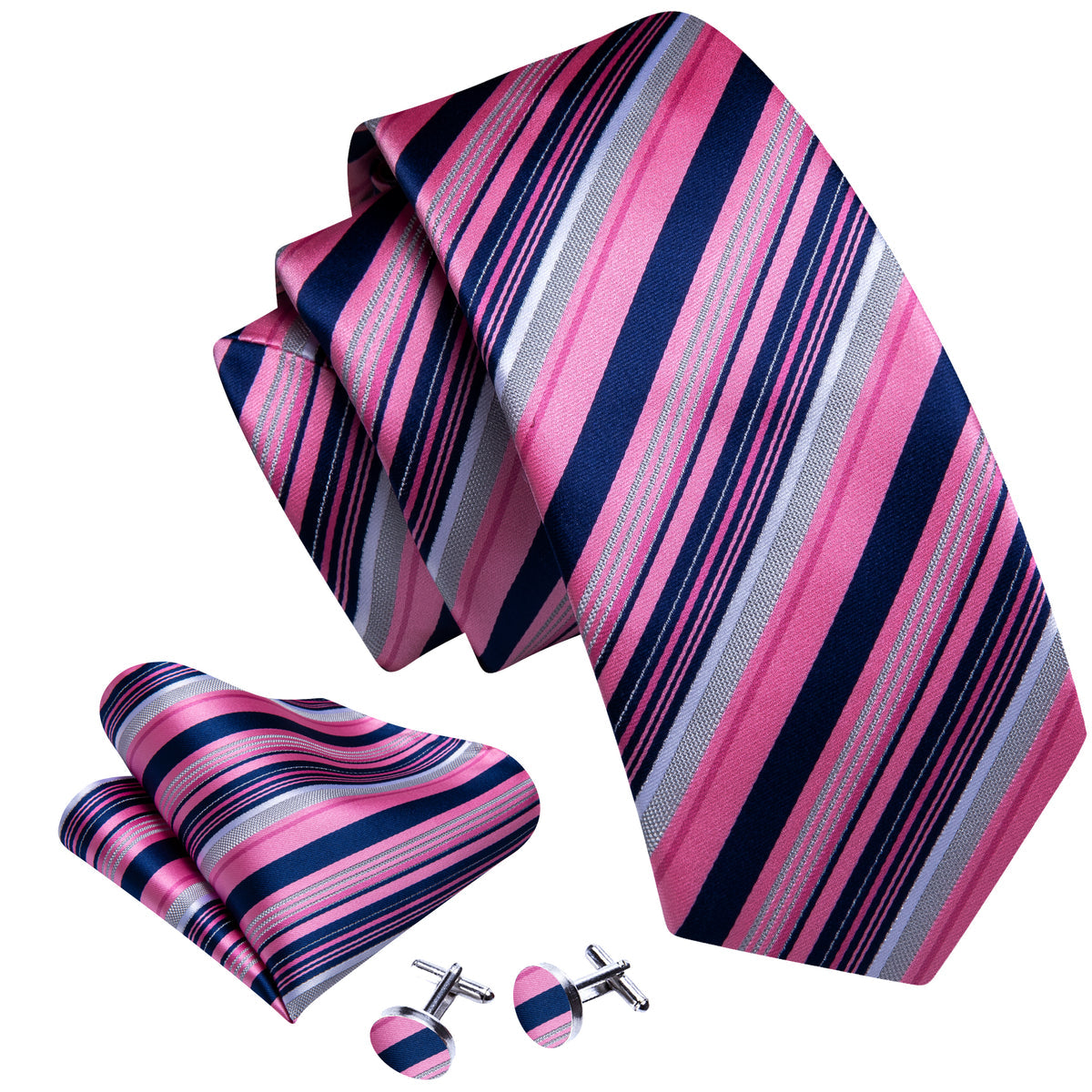 Pink Lilac Blue Striped Silk Tie Set - GentCrest - View 2