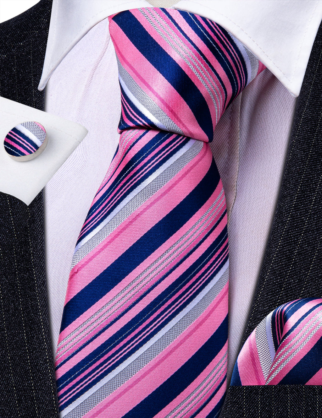 Pink Lilac Blue Striped Silk Tie Set - GentCrest - View 6