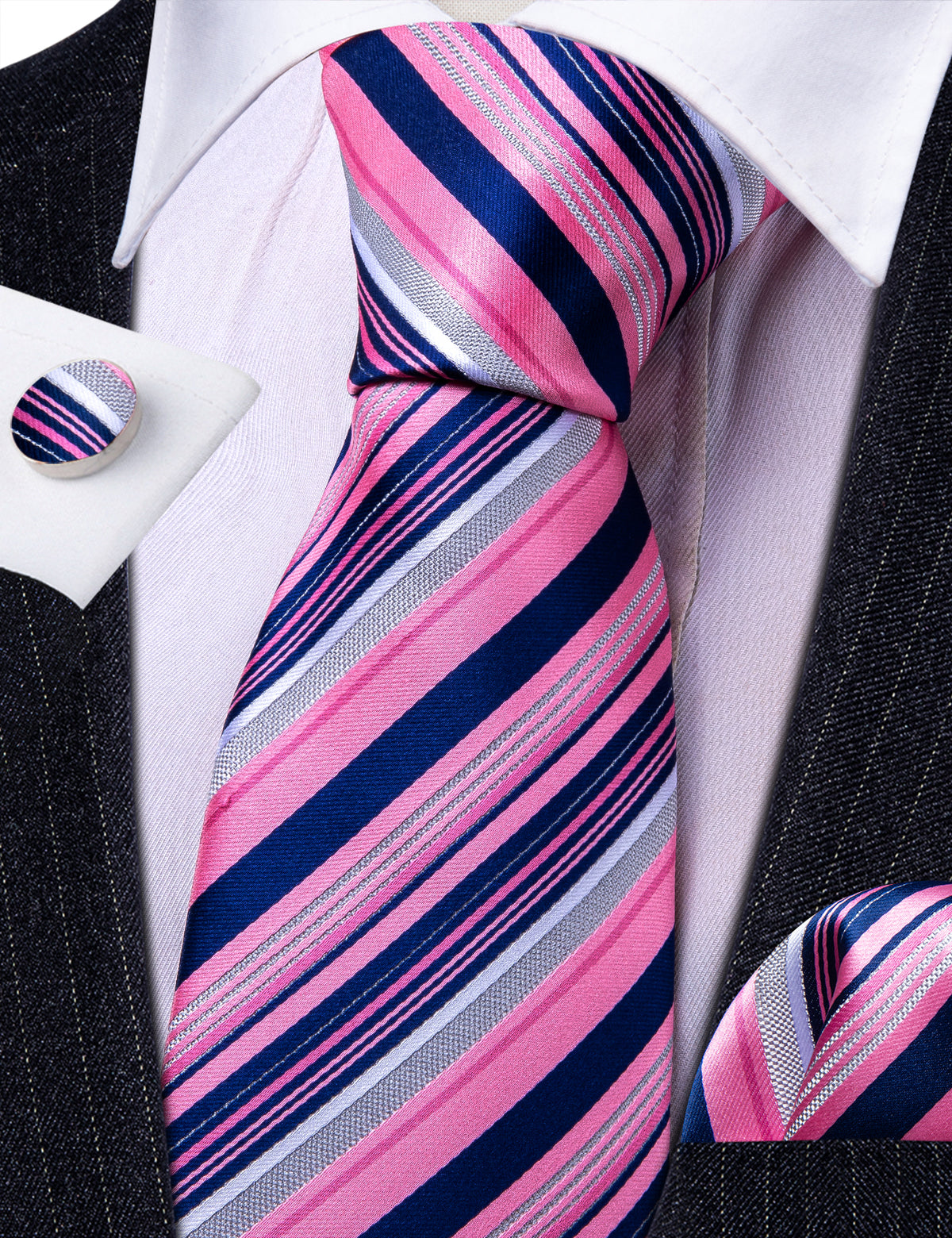 Pink Lilac Blue Striped Silk Tie Set - GentCrest - View 6