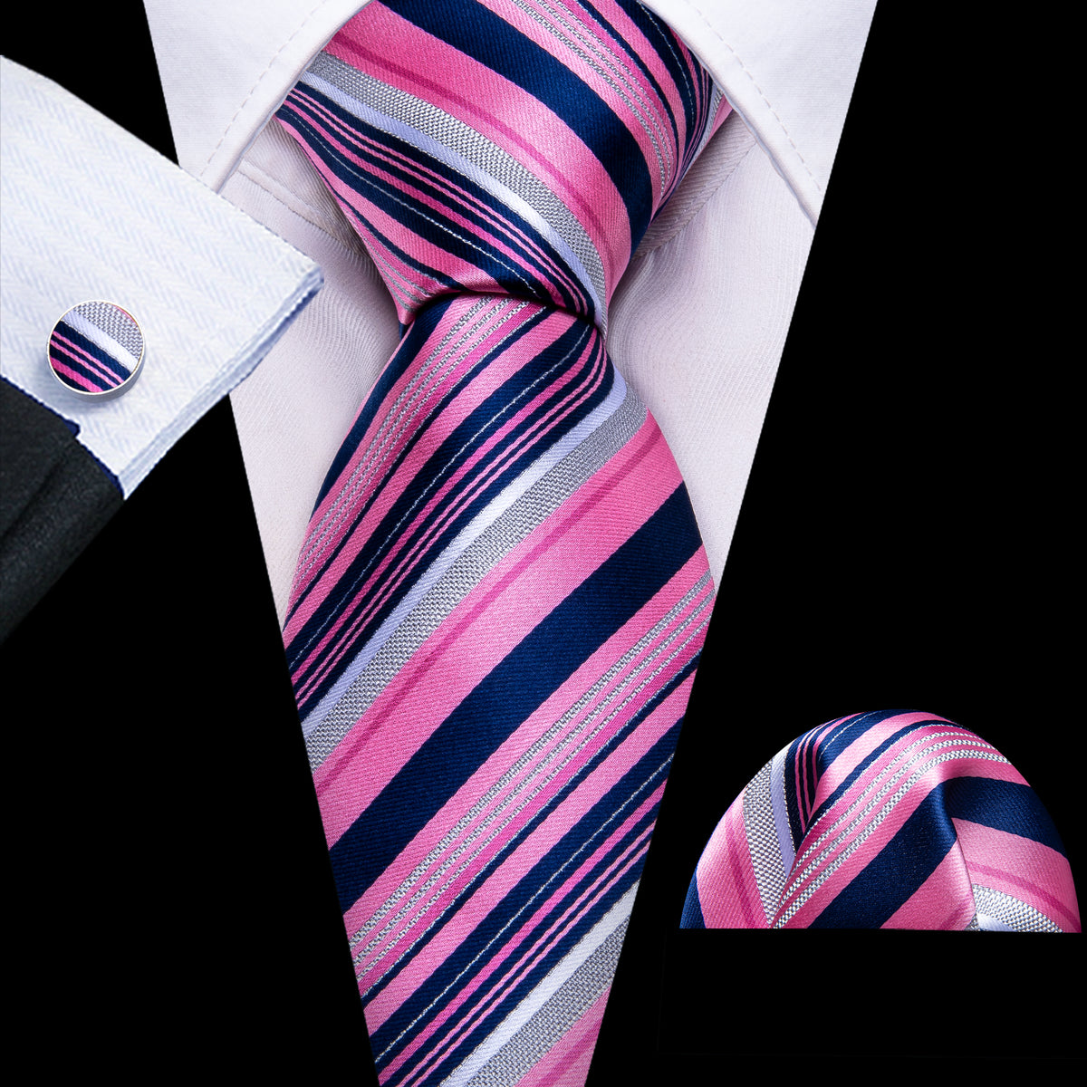 Pink Lilac Blue Striped Silk Tie Set - GentCrest