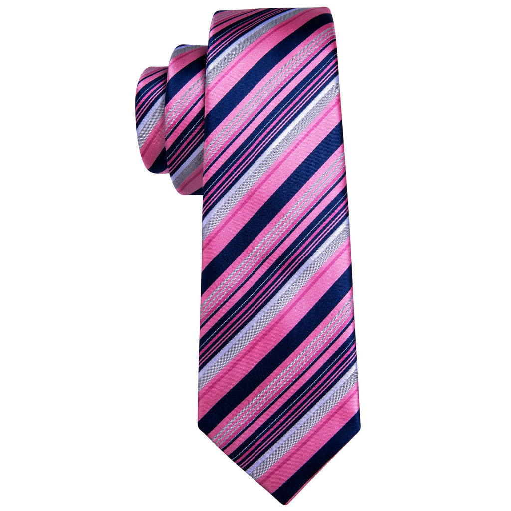 Pink Lilac Blue Striped Silk Tie Set - GentCrest - View 4