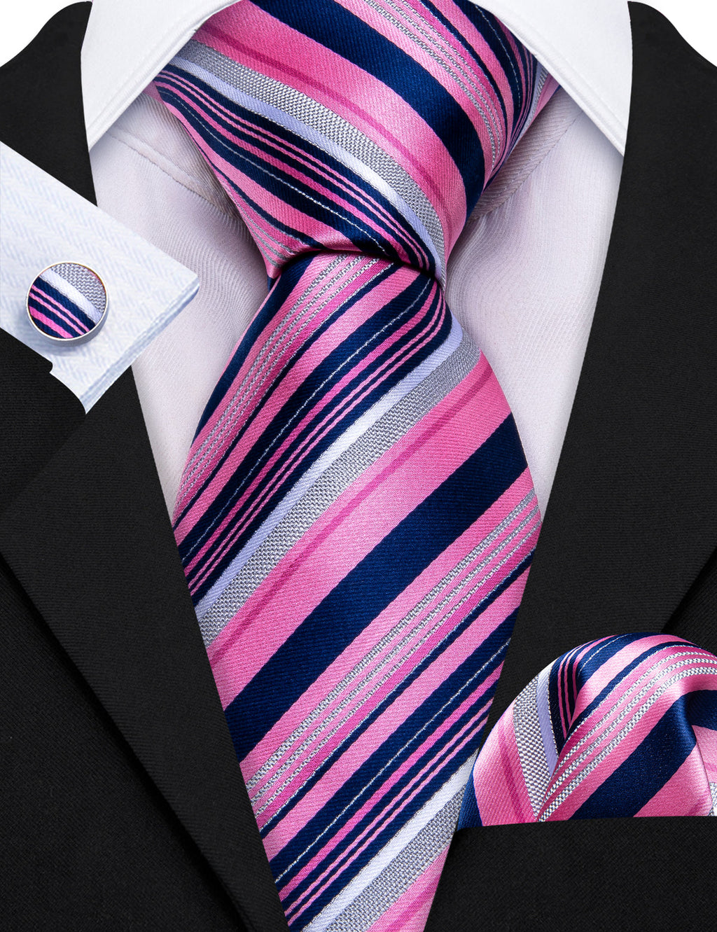 Pink Lilac Blue Striped Silk Tie Set - GentCrest - View 5